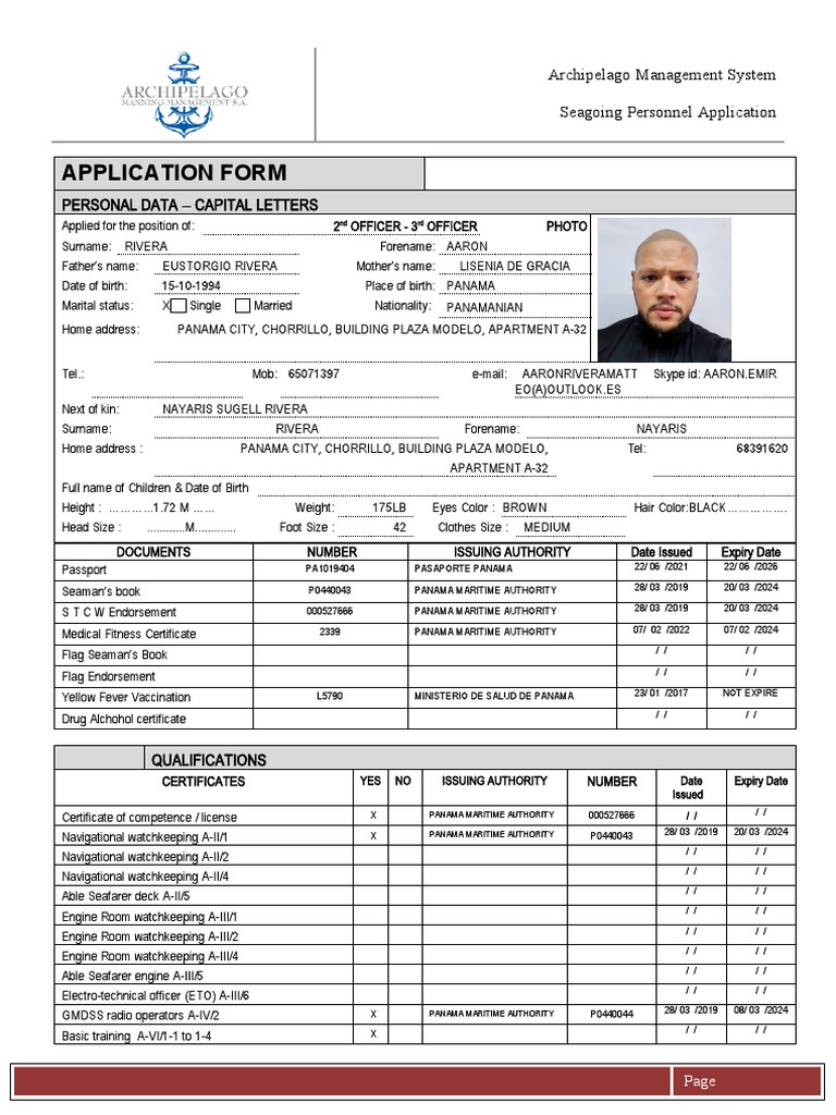 Seaman Application Form for Panama | PDF