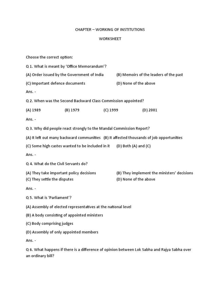 Class 9 Worksheet: Working of Institutions | PDF | Government Of India ...