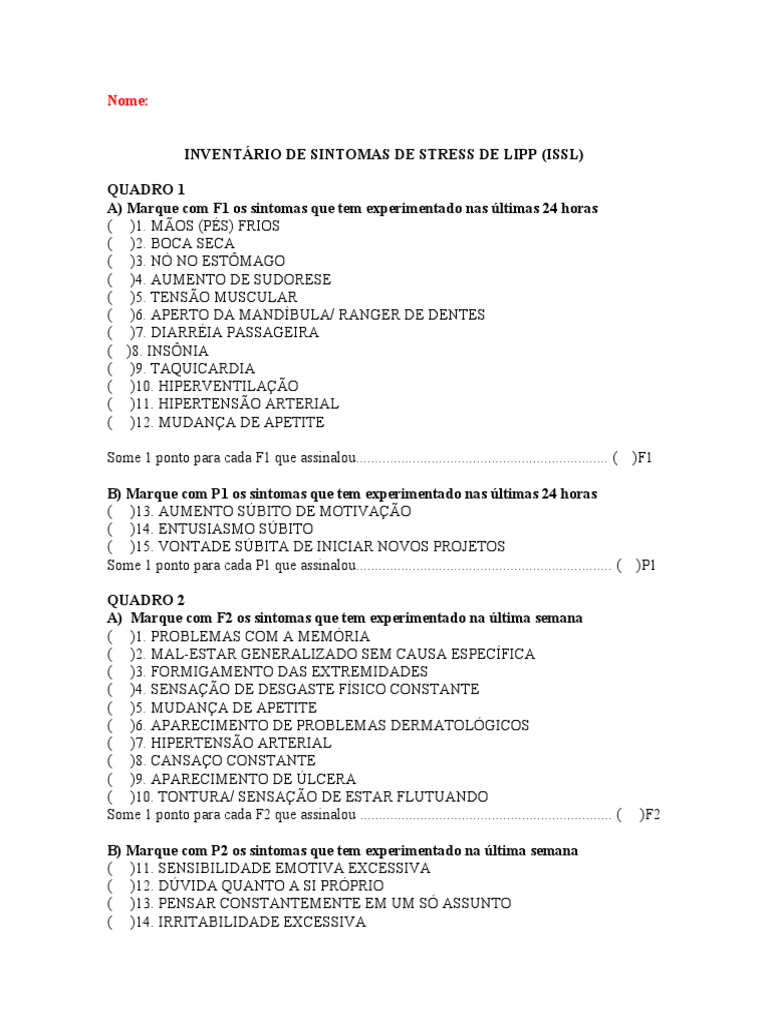 Escala de Estresse ISSL | PDF | Causas de morte | Medicina Clínica