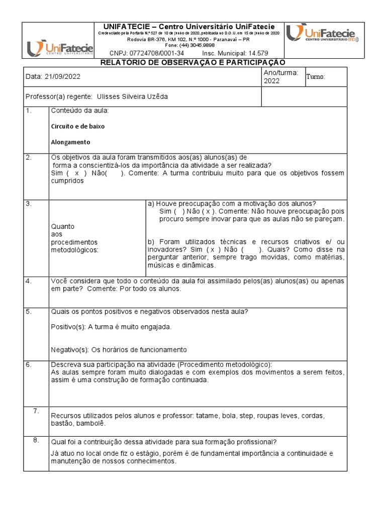 MODELO RELATÓRIO DE OBSERVAÇÃO E PARTICIPAÇÃO | PDF
