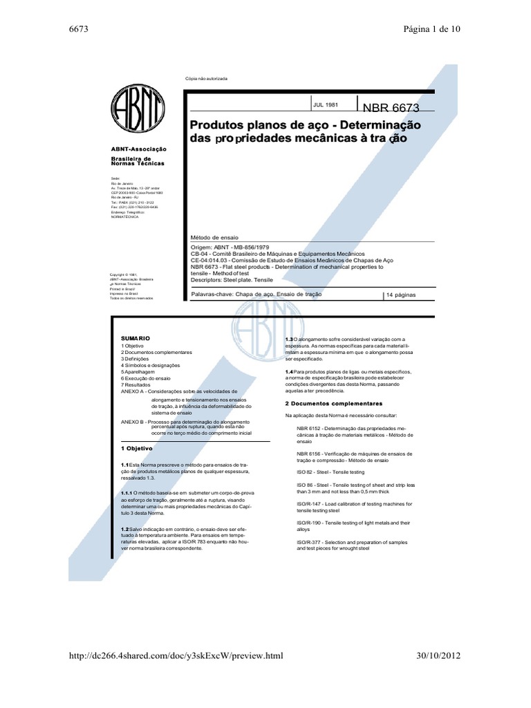 NBR 6673 Ensaio de Tracao PDF | PDF | Mecânica | Mecânica dos sólidos