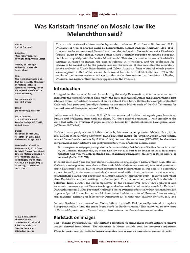 Was Karlstadt Insane On Mosaic Law Like Melanchthon Said PDF Martin