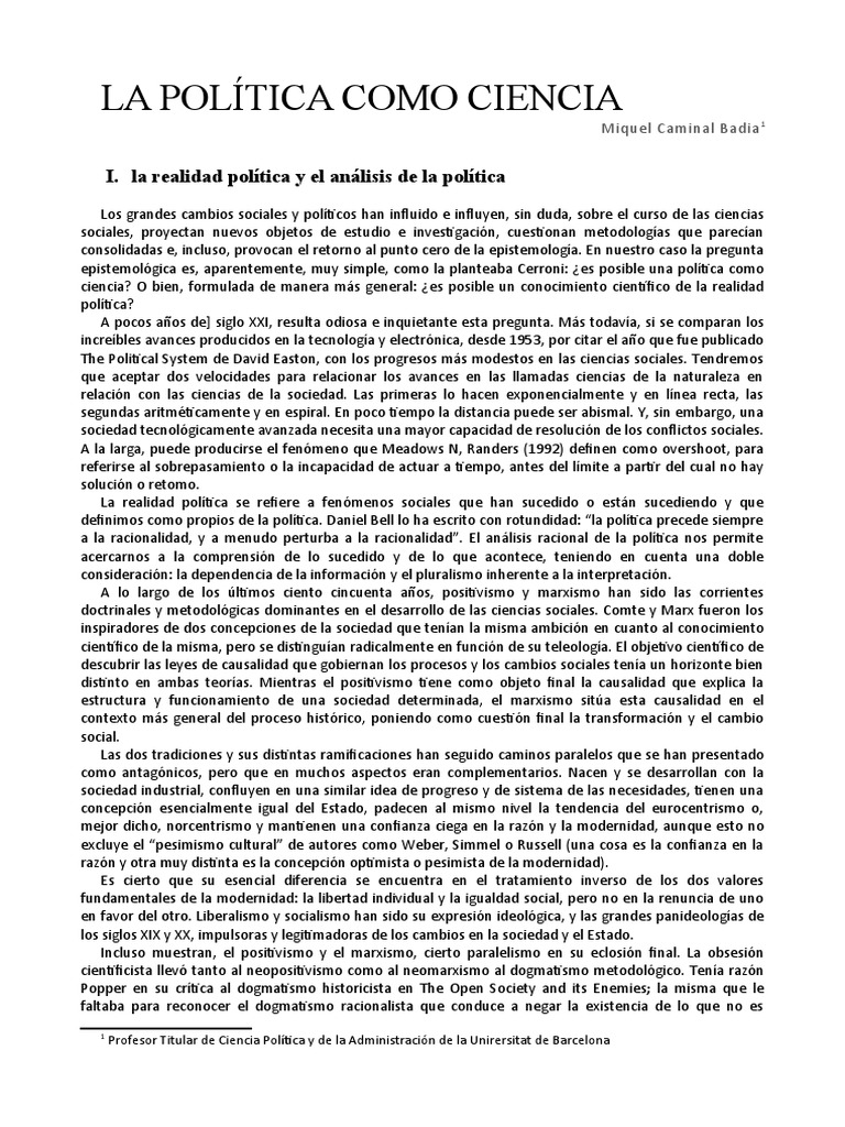 Miquel Caminal Badia - La Politica Como Ciencia | PDF