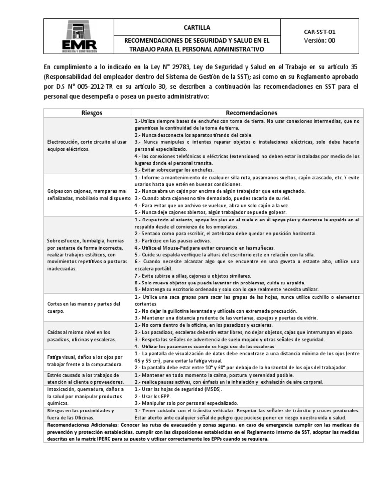CAR-SST-01 - Recomendaciones de SST para El Personal Administrativo | PDF