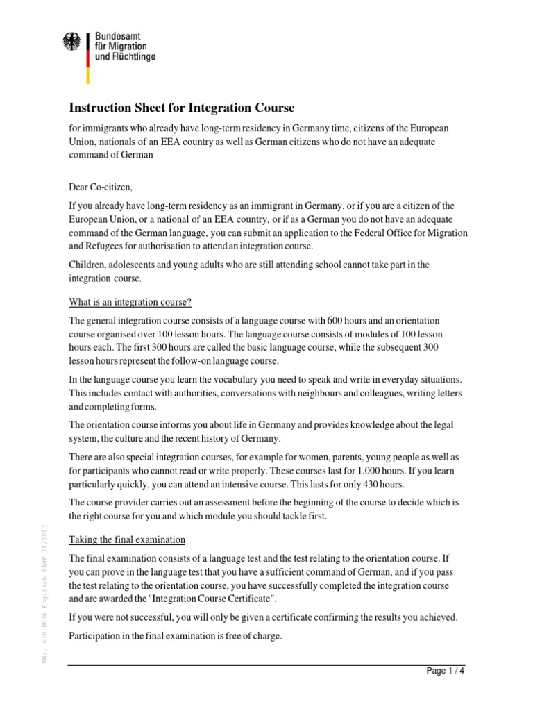 Integration Course Info PDF Immigration Unemployment Benefits