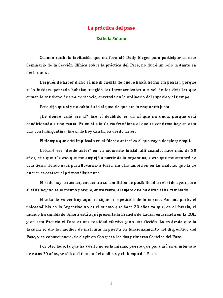 Estela-Solano - La Practica Del Pase | PDF | Psicoanálisis | Jacques Lacan