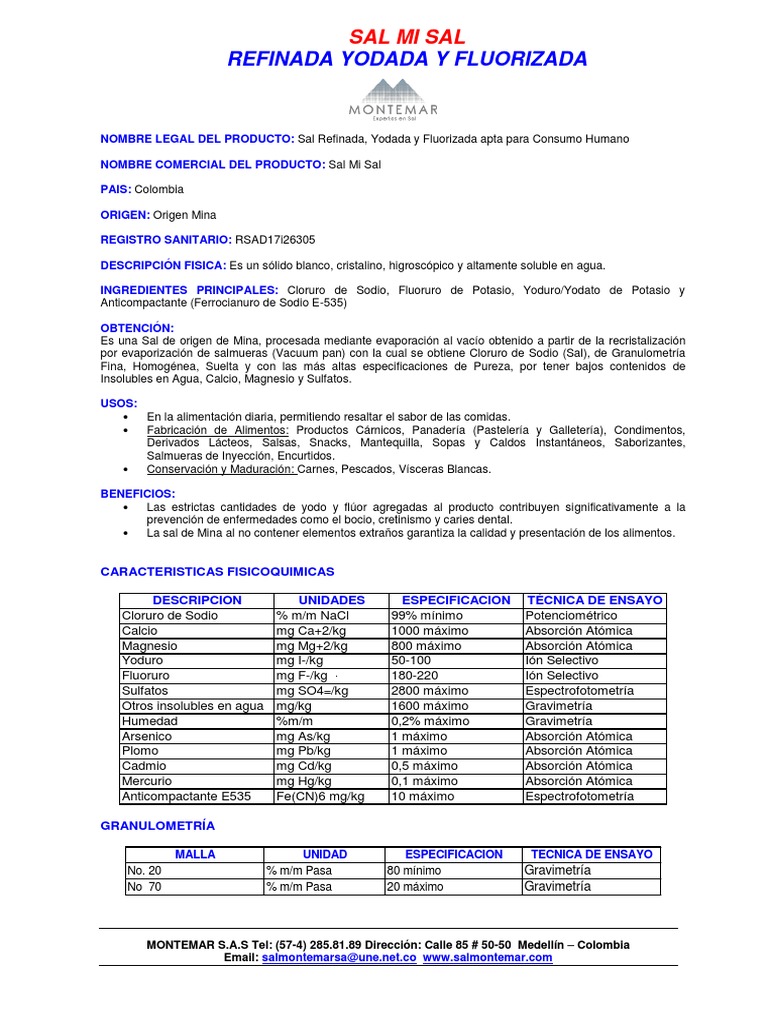 Refinada Yodada Y Fluorizada: Sal Mi Sal | PDF | sal | Alimentos