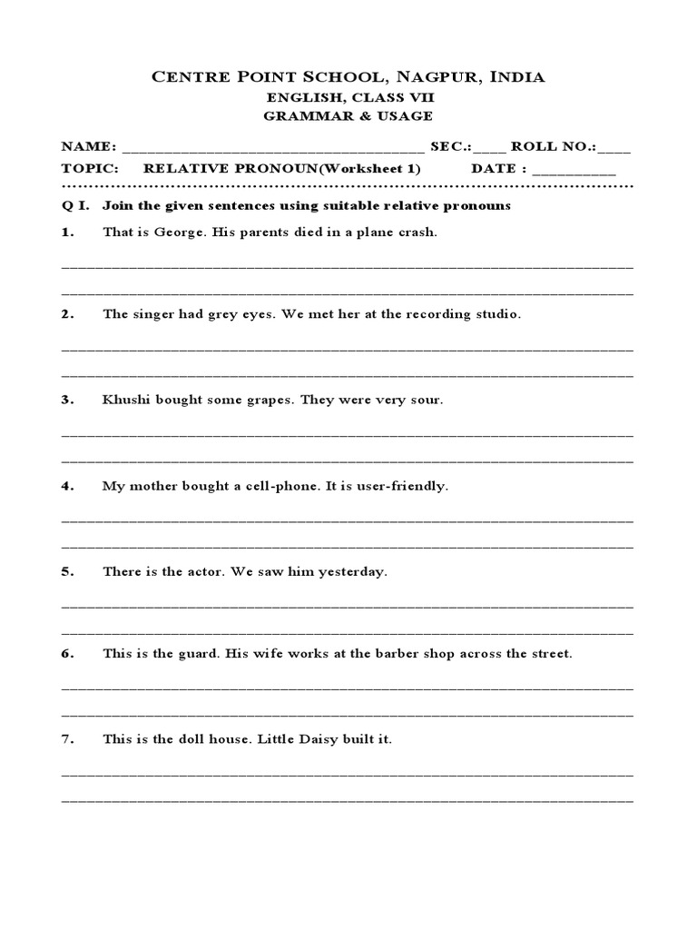 Relative Pronouns Worksheet for Class VII | PDF