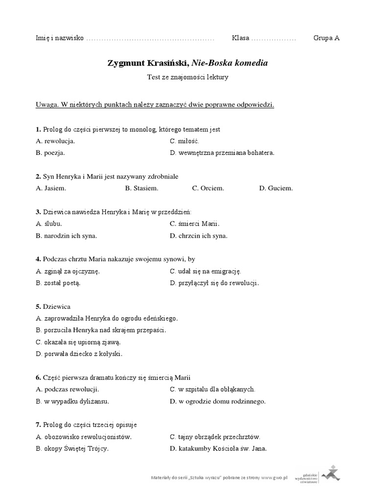 Test Z Lektury Królowa śniegu Test Nie-Boska Komedia kl-2 A-2 | PDF