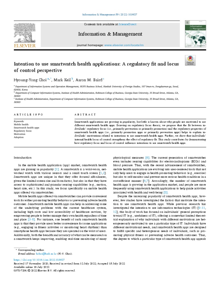 Intention To Use Smartwatch Health Applications A Regulatory Fit and