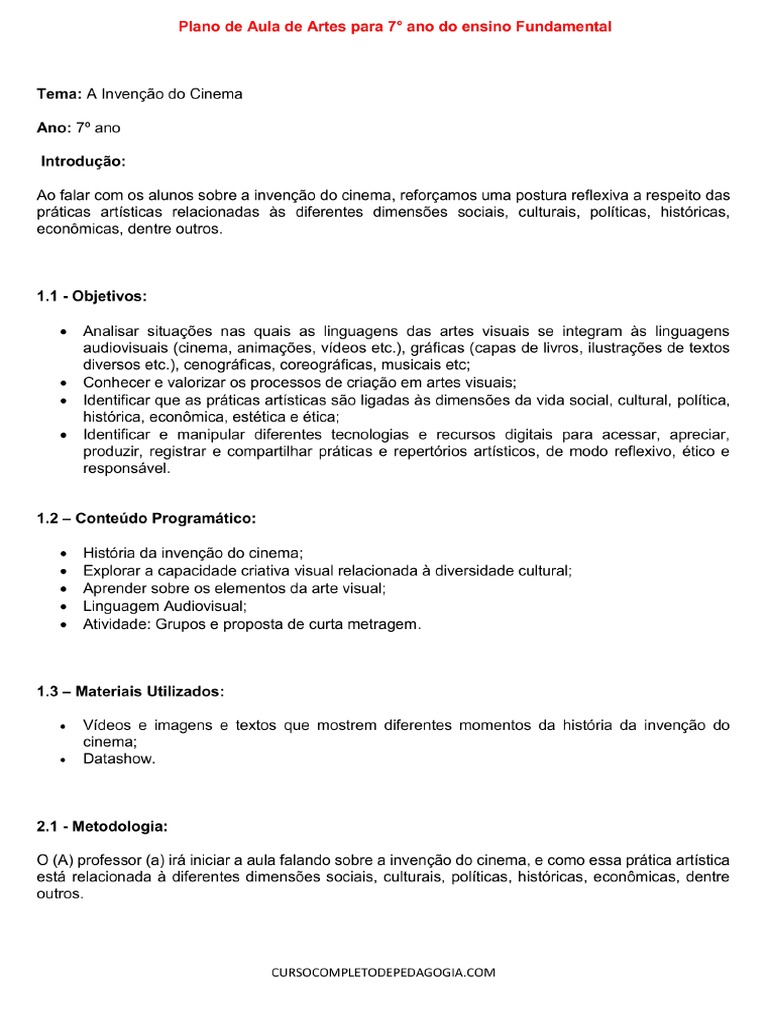 Plano de Aula de Artes para 7° Ano Do Ensino Fundamental | PDF