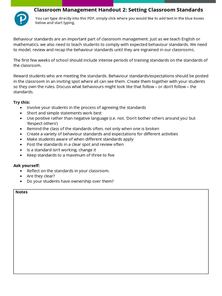 Classroom Management Handout 2 Setting Classroom Standards PDF