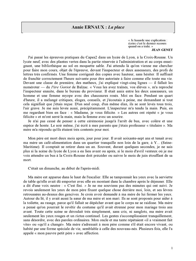 Annie ERNAUX - La Place Extrait | PDF