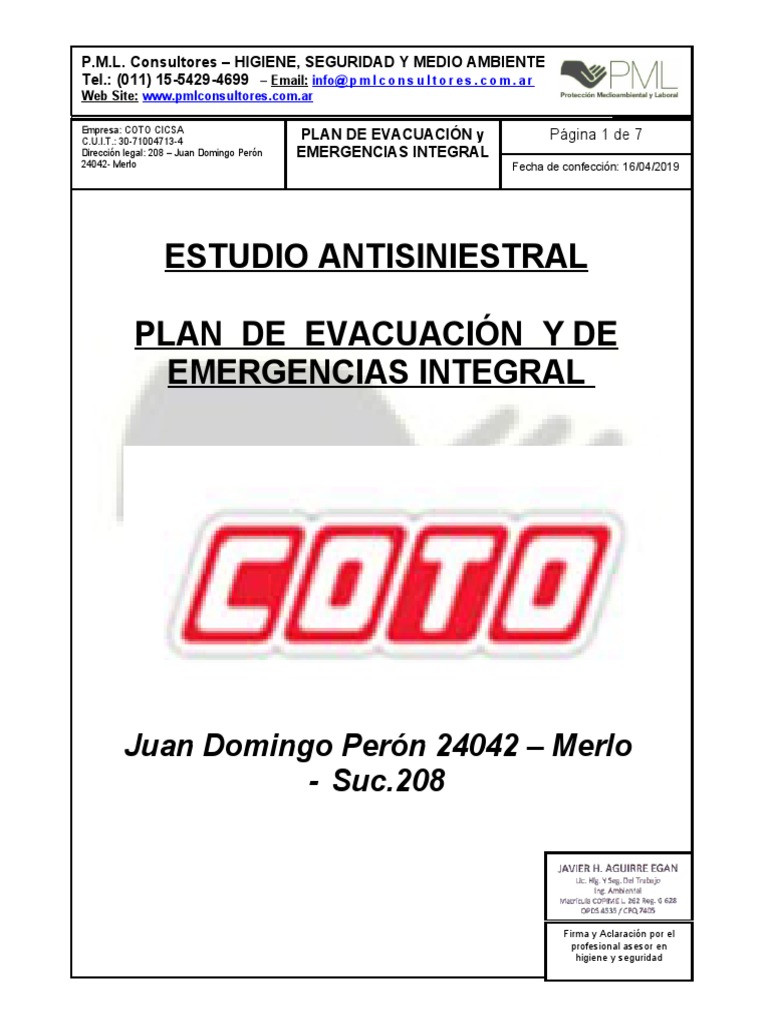PSI 009 - COTO - PLAN EVACUACIÓN Suc 208 Merlo 2019 | PDF