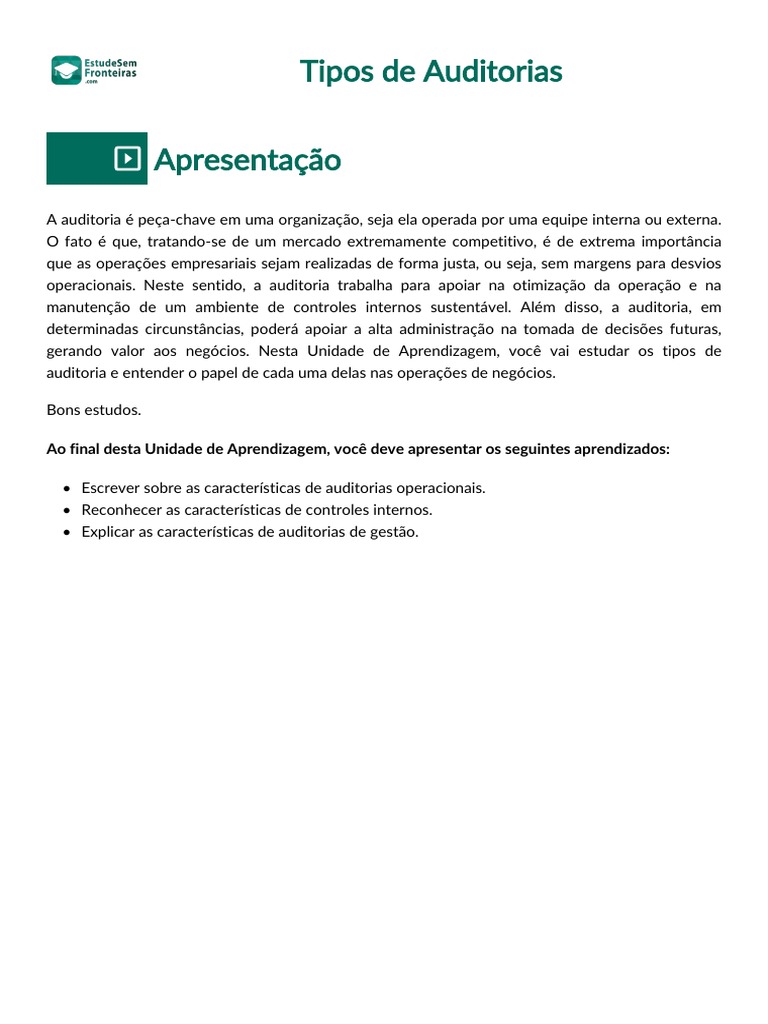 Tipos de Auditoria e Controles Internos | PDF | Contabilidade ...
