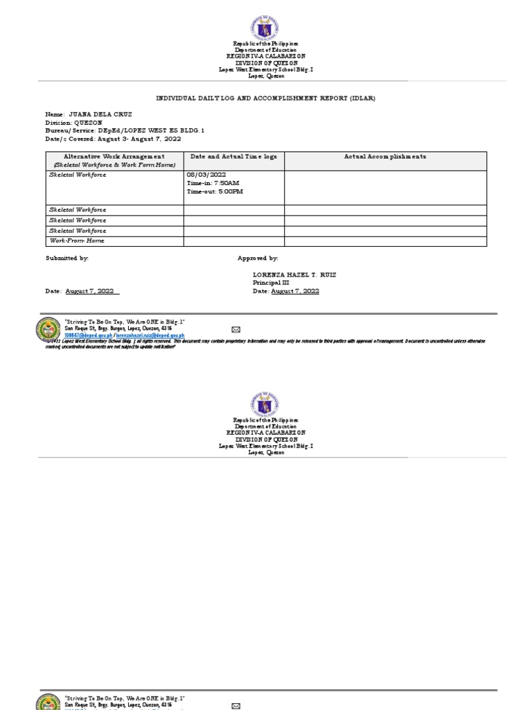 Individual Daily Log and Accomplishment Report (Idlar) : (Skeletal ...
