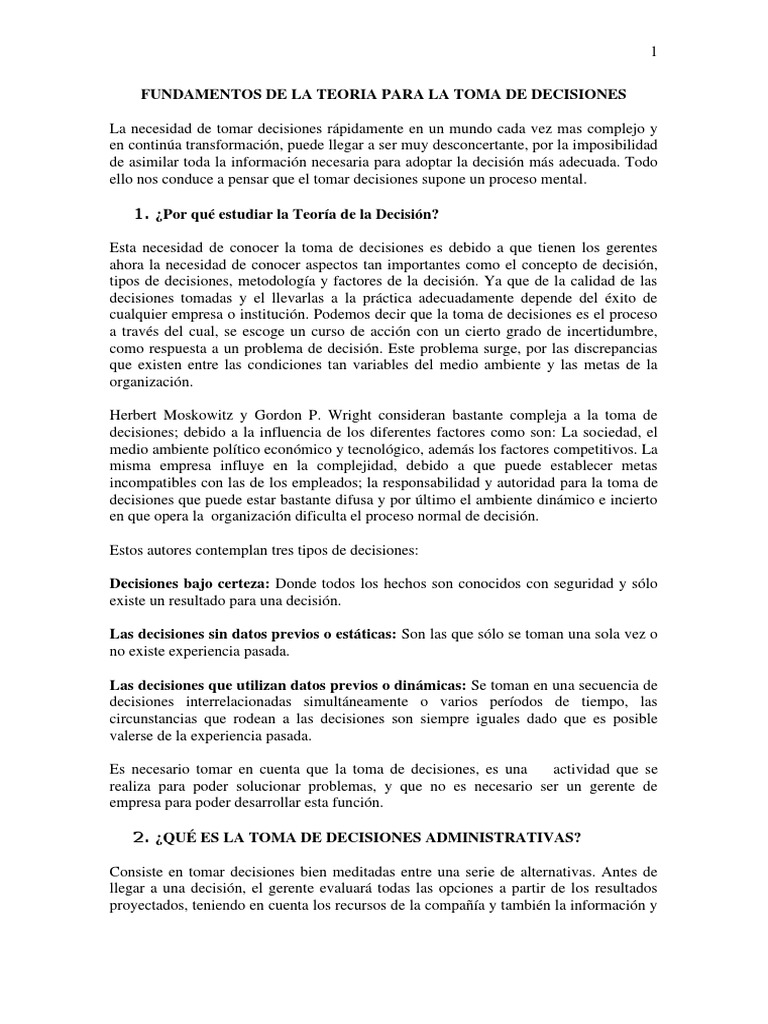 Fundamentos de la Toma de Decisiones | PDF | Toma de decisiones ...