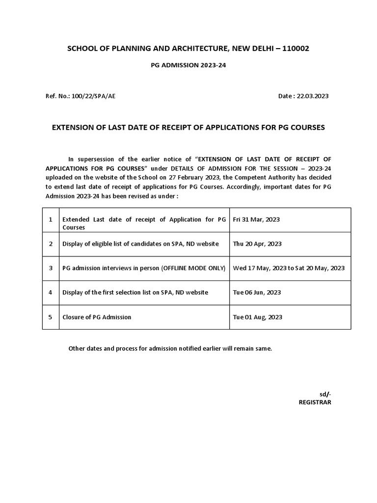 PG Admission Deadline Extended | PDF