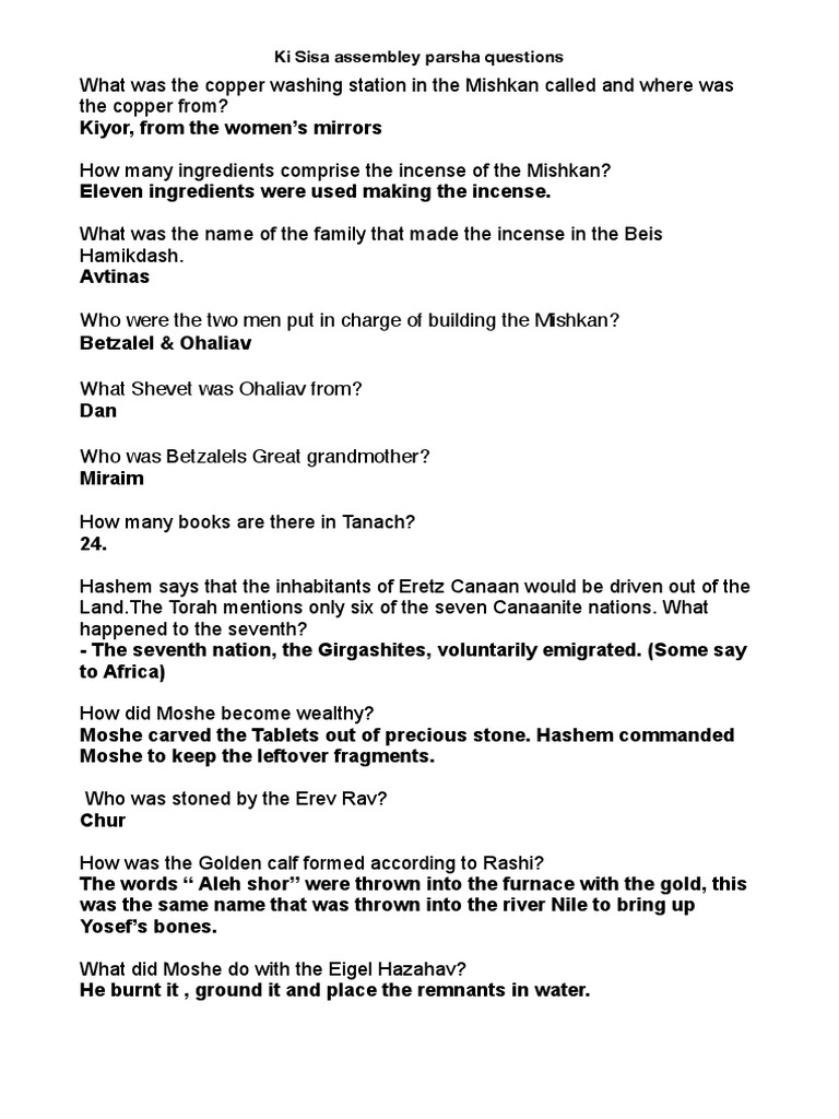 Ki Sisa Assembly Parsha Questions PDF Torah Books The Exodus