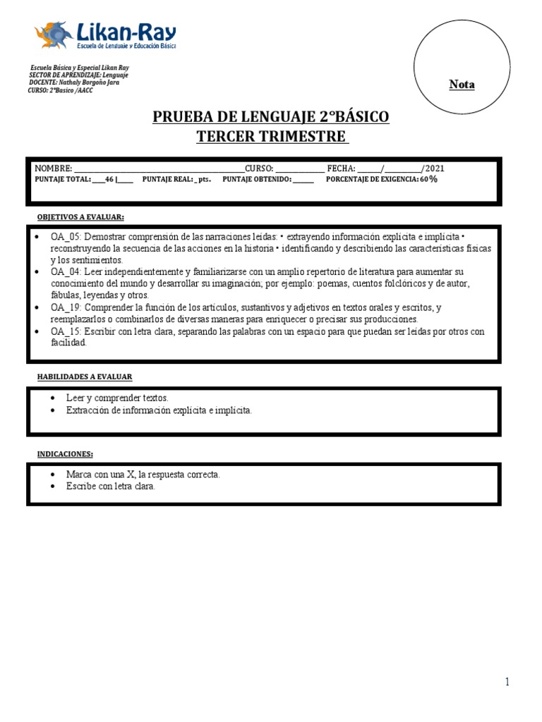 Prueba de Lenguaje 2° Básico Tercer Trimestre | PDF | Lingüística