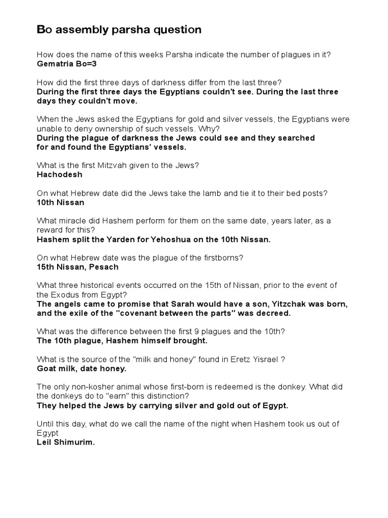 Bo Assembly Parsha Question PDF The Exodus Passover