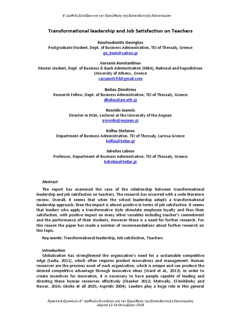 Transformational Leadership & Teacher Satisfaction | PDF | Leadership ...