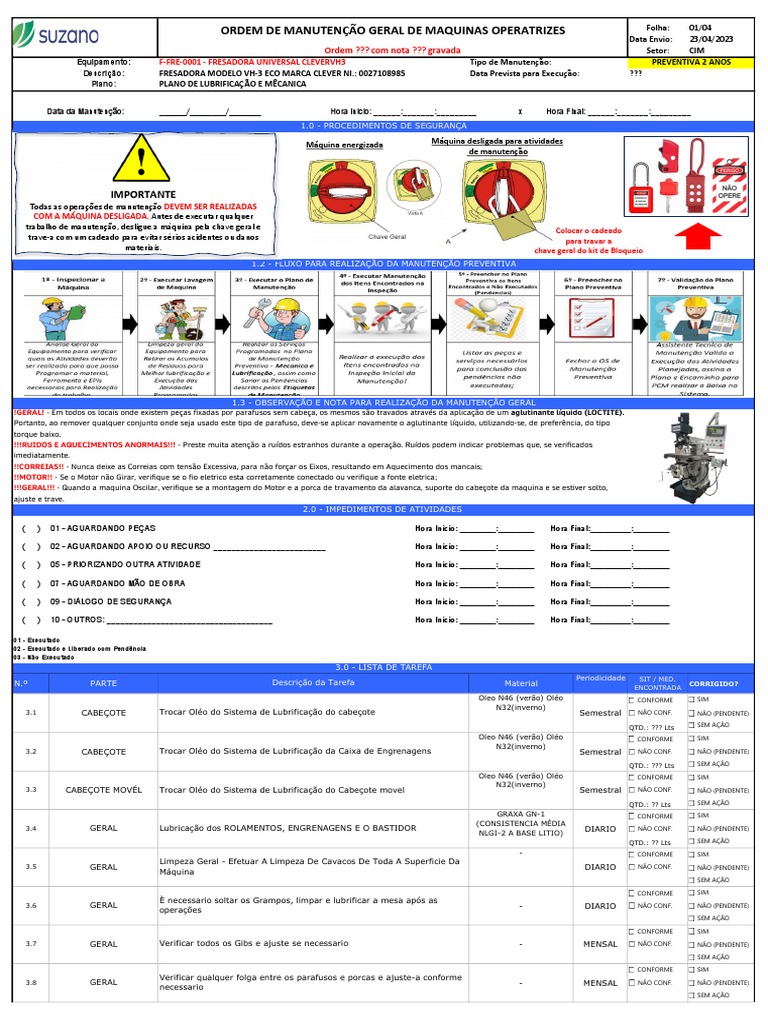 Plano De Manuten o Fresadora VH 3 PDF