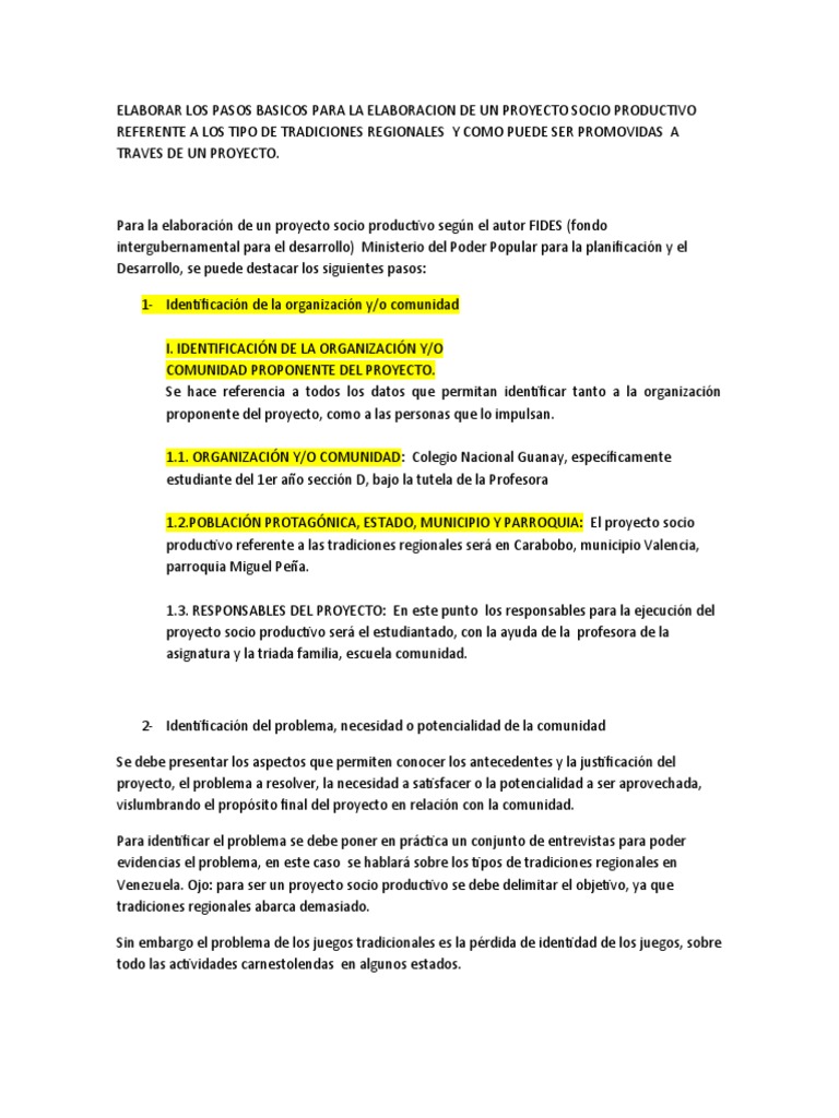 Pasos para un Proyecto Socio Productivo | PDF