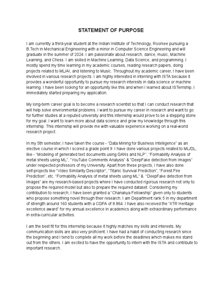 Statement of Purpose | PDF | Science | Internship