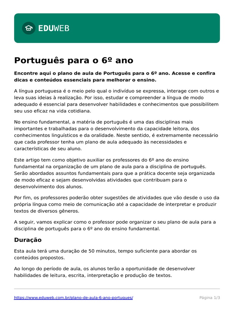 Plano de Aula 6 Ano Portugues | PDF | Português (idioma) | Escrita