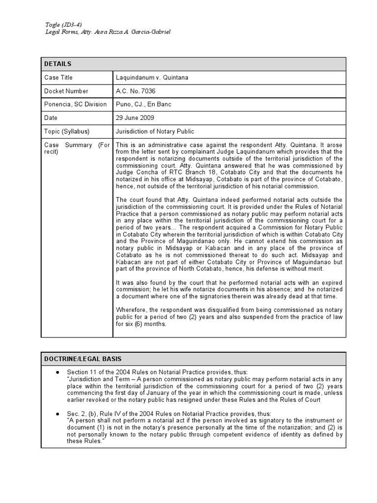 LEGAL FORMS - Laquindanum v. Quintana (A.C. No. 7036) | PDF | Notary ...