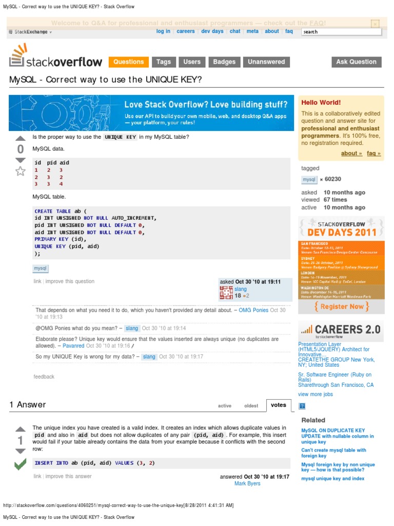 MySQL - Correct Way To Use The UNIQUE KEY - Stack Overflow | PDF ...