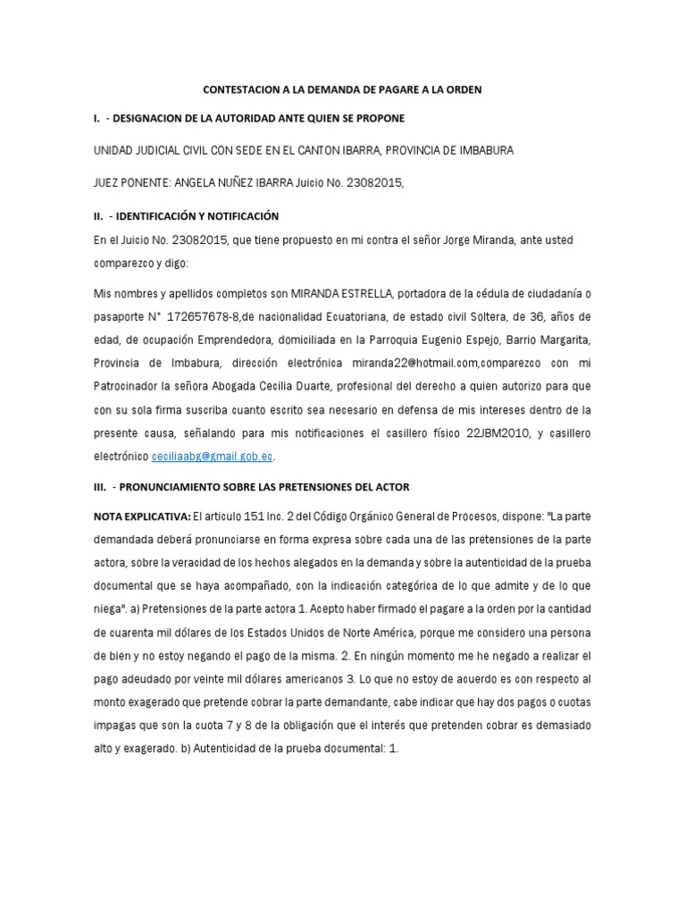 Contestación a Demanda de Pagaré | PDF | Derecho