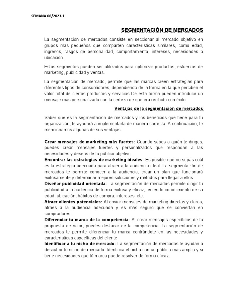 Semana 06-Segmentación de Mercados | PDF | Marketing | Mercado (economía)