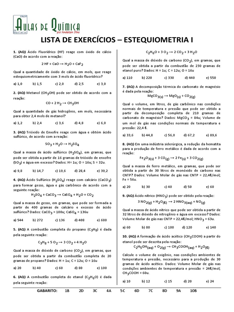 Lista de Exercícios - Estequiometria I: Gabarito | PDF