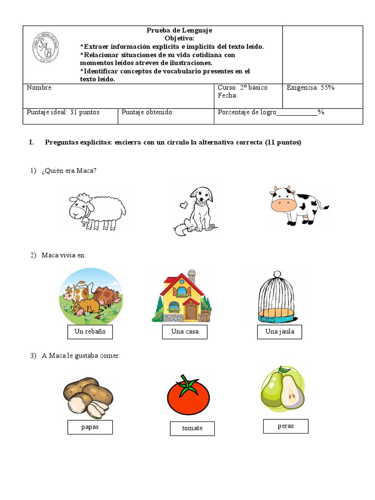 Prueba de Lenguaje: El Mundo de Maca | PDF
