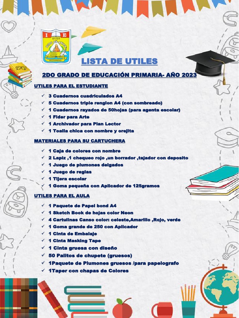 Lista de útiles 2do grado primaria 2023 | PDF | Arte