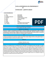 Planificación de La Experiencia de Aprendizaje #02 Ciencia Y Tecnología - Quinto Grado