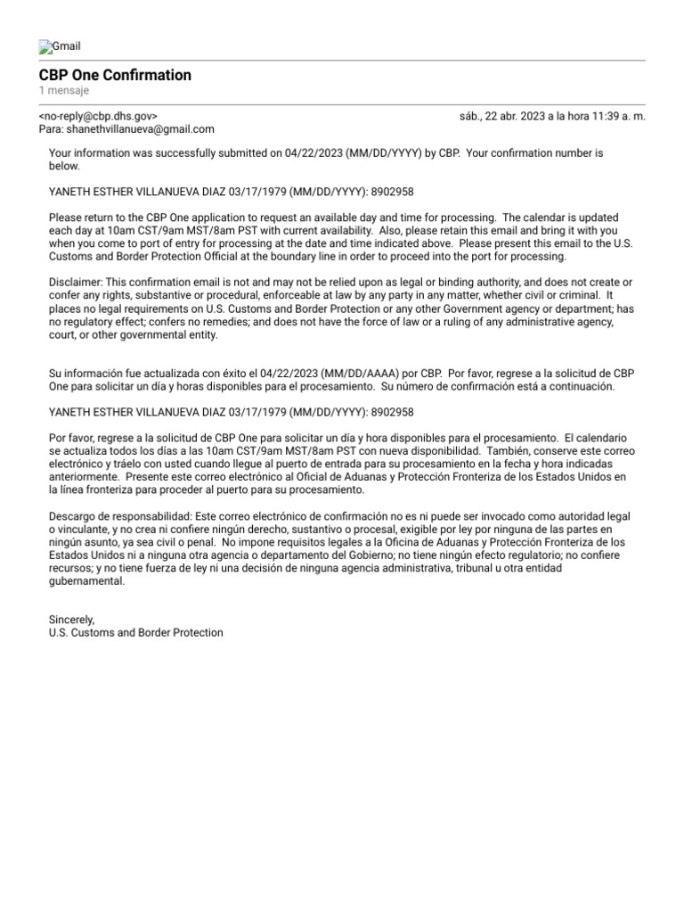 Gmail - CBP One Confirmation | PDF | Aduanas y Protección de Fronteras ...