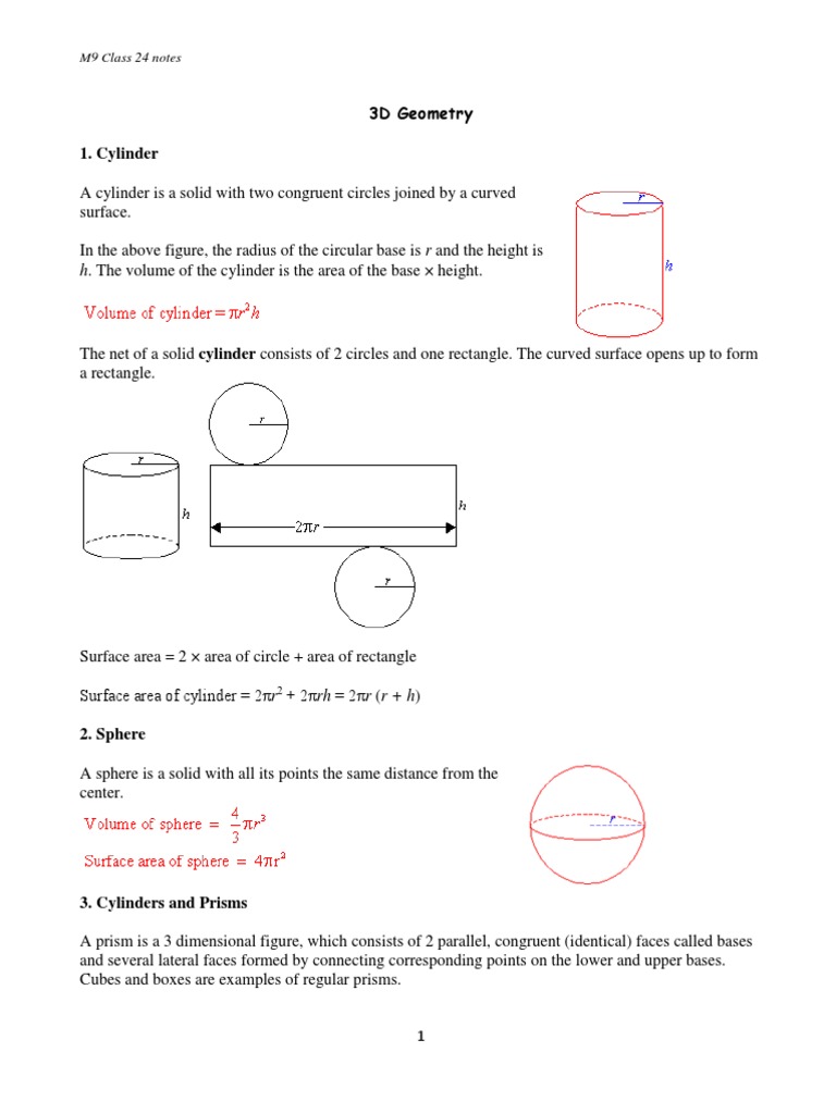 3D Geometry: Volume and Surface Area Formulas | PDF | Area | Euclid