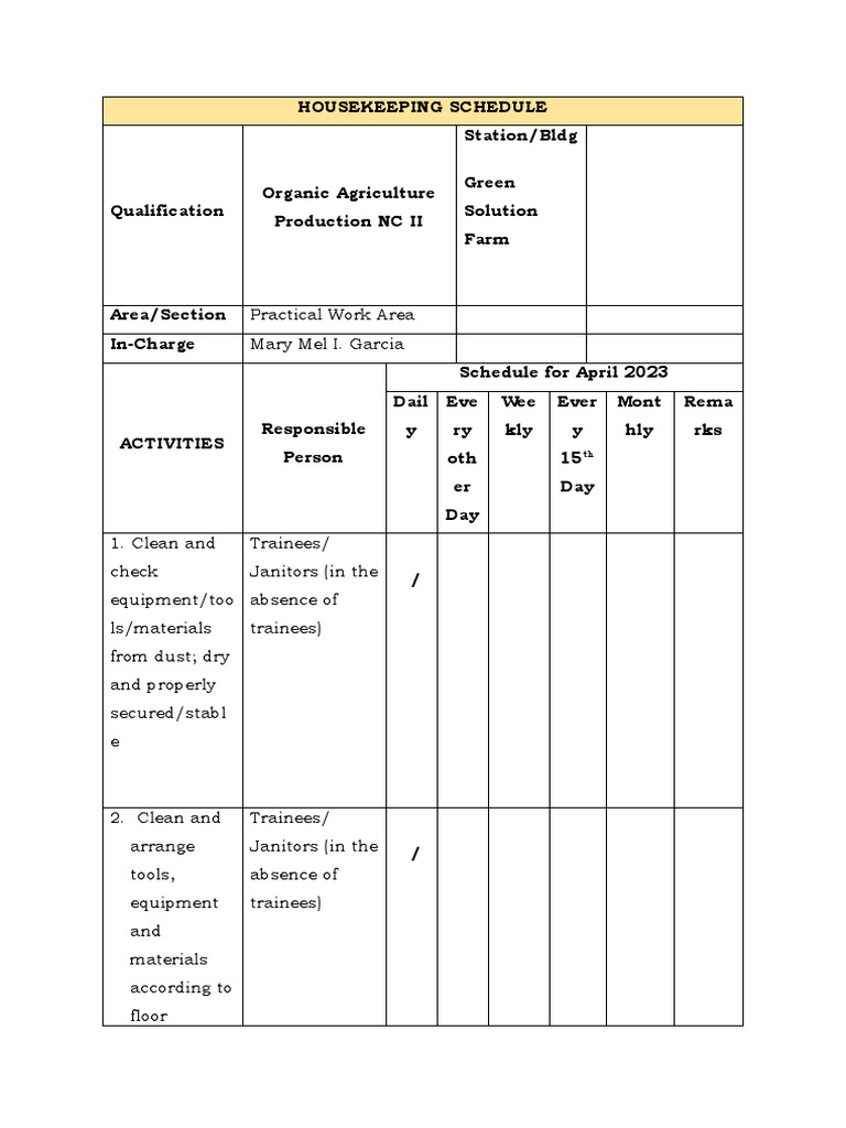 Housekeeping Schedule for April 2023 | PDF | Building Engineering