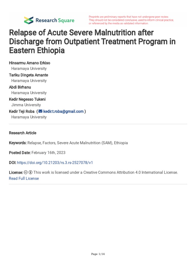 SAM Relapse Factors in Eastern Ethiopia | PDF | Malnutrition | Informed ...