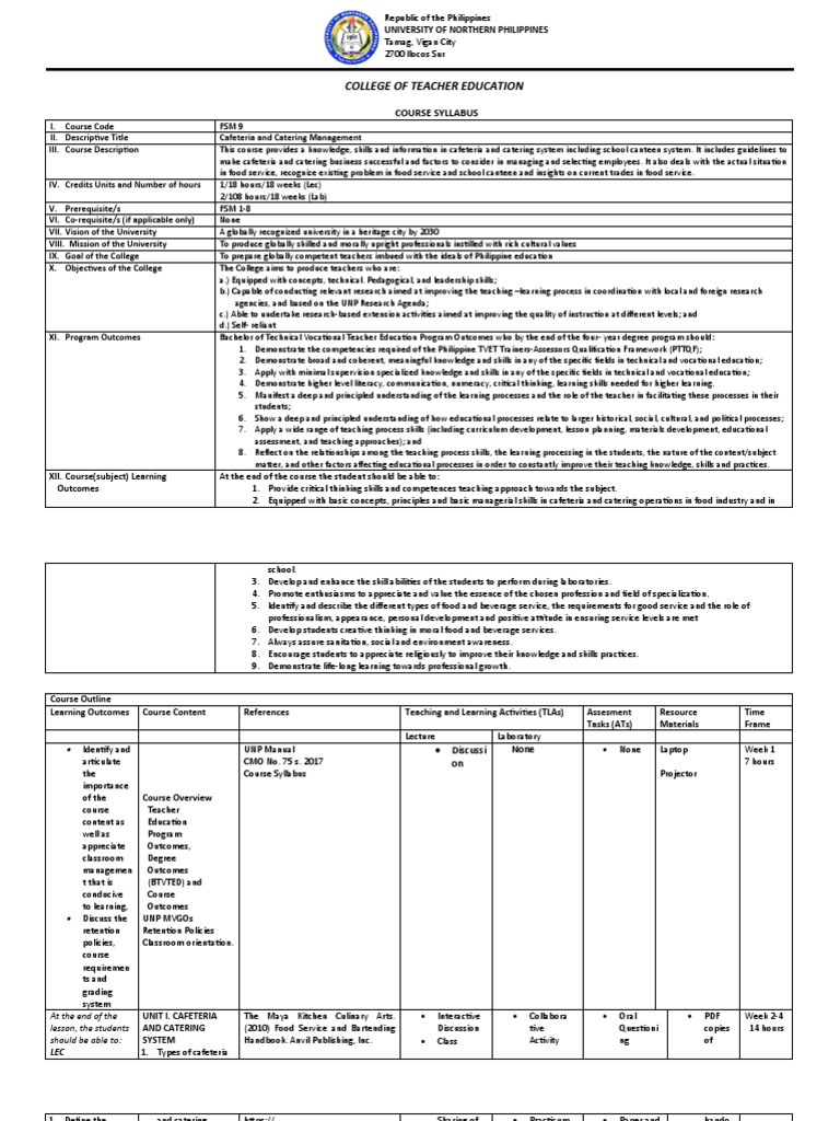 UNP Course Syllabus for Cafeteria and Catering Management PDF Learning Critical Thinking