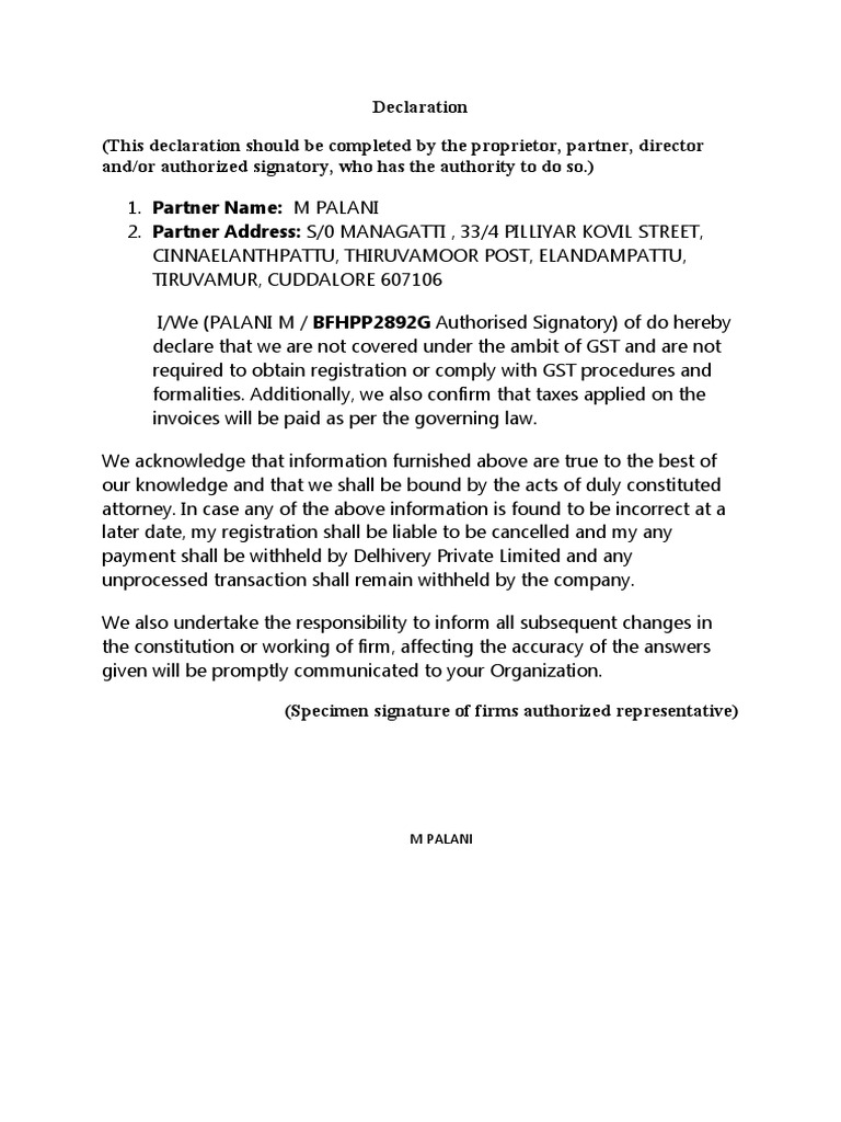 Declaration GST Format PDF