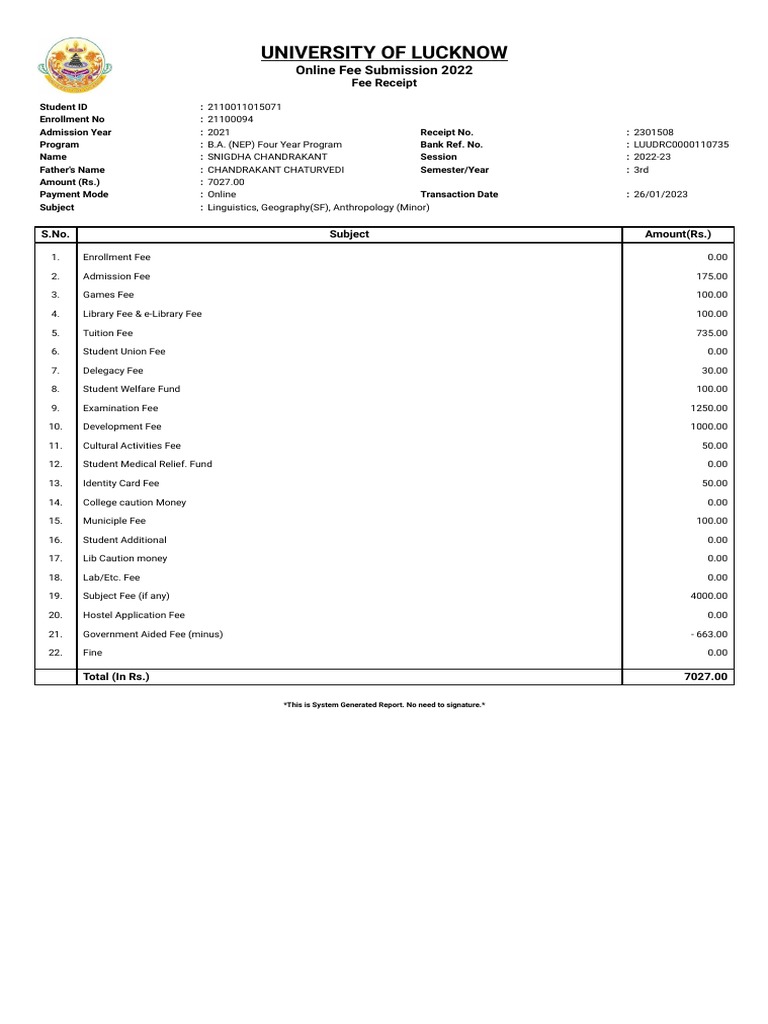 Fee receipt lucknow university pdf services economics money