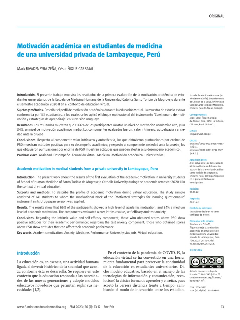 Motivación Académica en Estudiantes de Medicina de Una Universidad ...