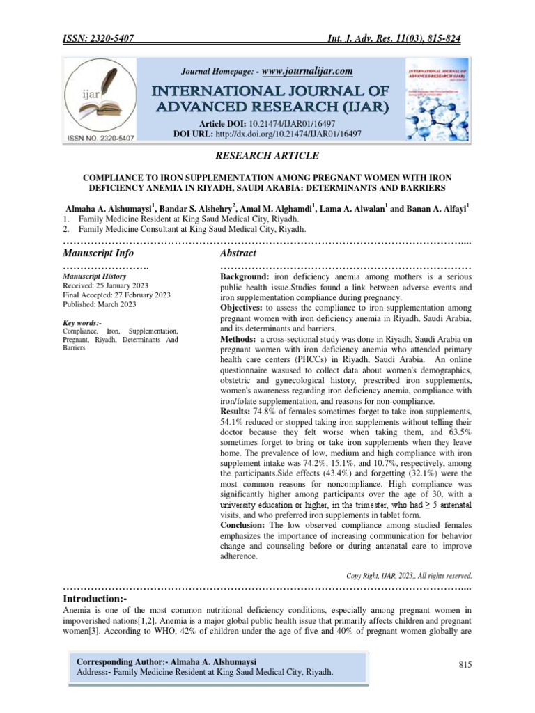 Compliance To Iron Supplementation Among Pregnant Women With Iron
