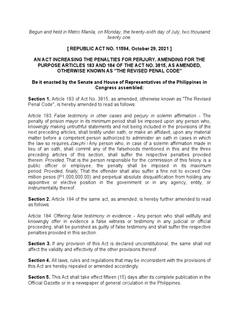 Act Increasing The Penalty For Perjury PDF