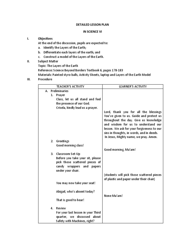 Grade 6 Lesson Plan: Layers of Earth | PDF | Prayer | Earth