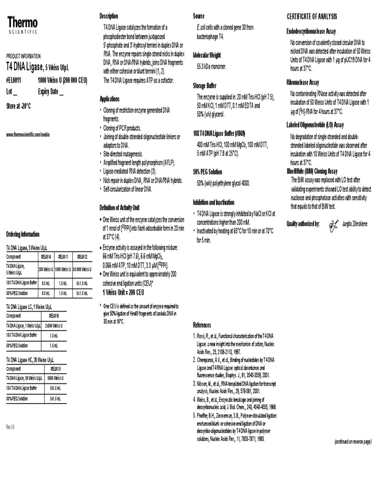 MAN0011987 T4 DNA Ligase 5 Weiss 1000 Weiss U UG | PDF | Dna Ligase ...